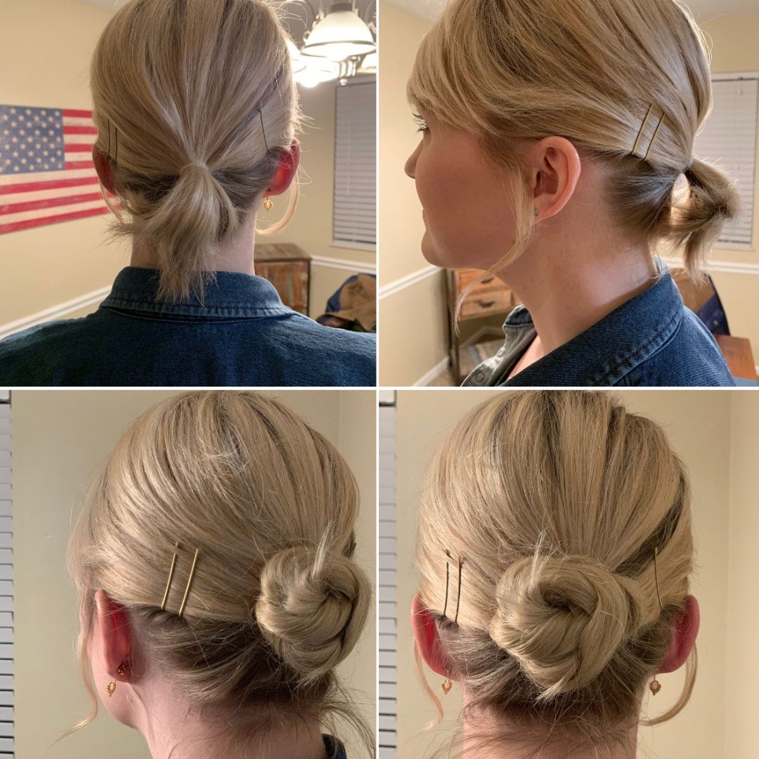 Collage showing Before and After of short, thin, and fine haired woman wearing a ponytail showing her transformation from a ponytail to using Easy Updo Extensions