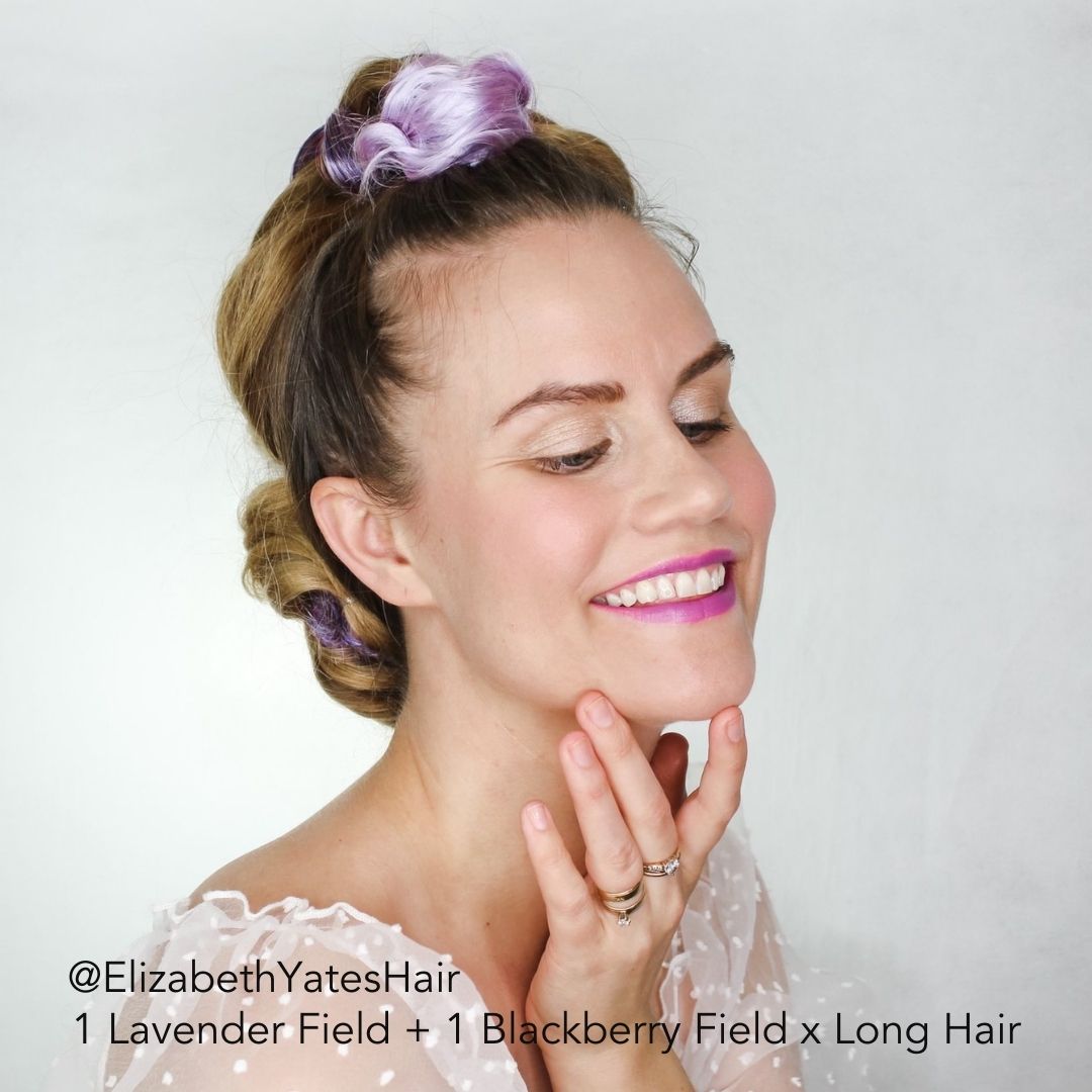 Lavender Colored Easy Updo Extensions mixed in with updo on Elizabeth Yates Hair long hair influencer