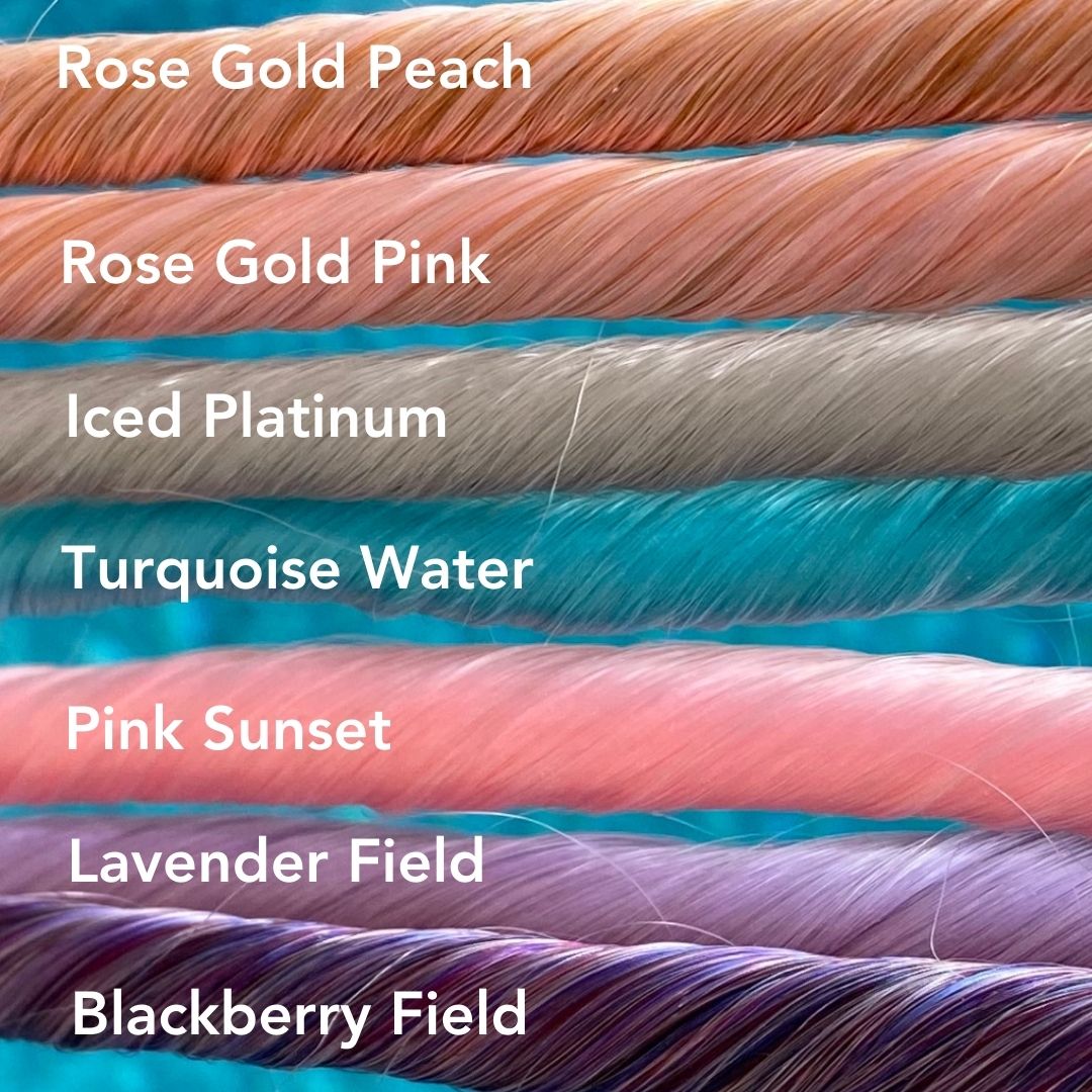 Vibrant colored easy updo extensions in silver pink peach lavender blackberry purple turquoise blue and pink sunset