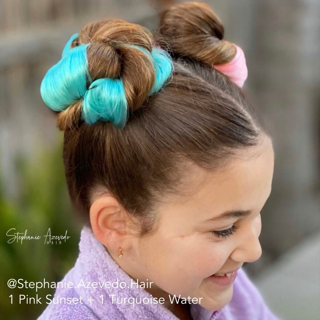 Easy Updo Extensions turquoise blue and pink sunset space buns on young girl