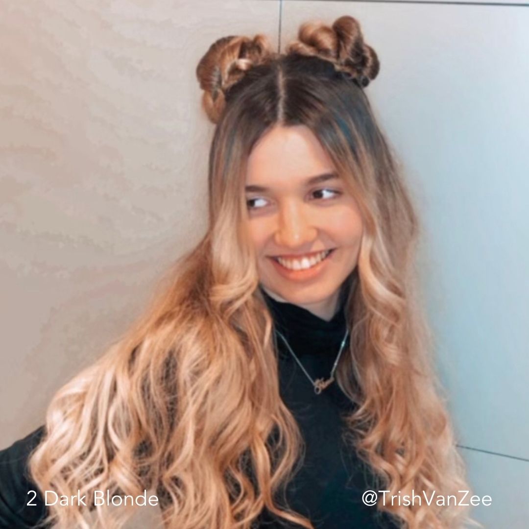 Space Buns Half Up Half Down Hairstyle for Thin and Fine Hair by Trish Van Zee on pretty woman in black shirt.