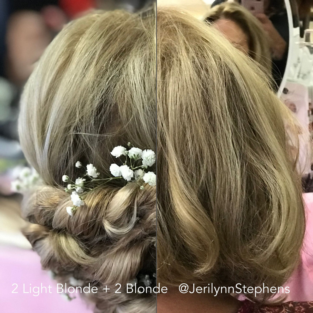 Transformational photo showing Before After from Fine, Short, and Thinning Hair to a Beautiful Special Occasion Fancy Updo on a woman with baby&#39;s breath in her hair