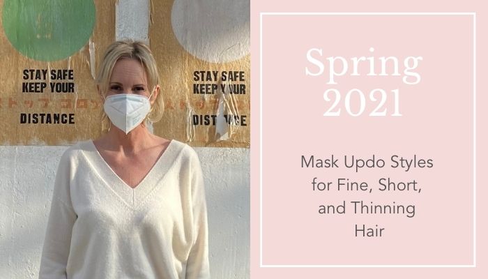 
          
            Beautiful woman with topknot updo upstyle and rose gold hair in white dress looking at camera behind and wearing a mask using Easy Updo Extensions in vibrant colors and blonde hair
          
        