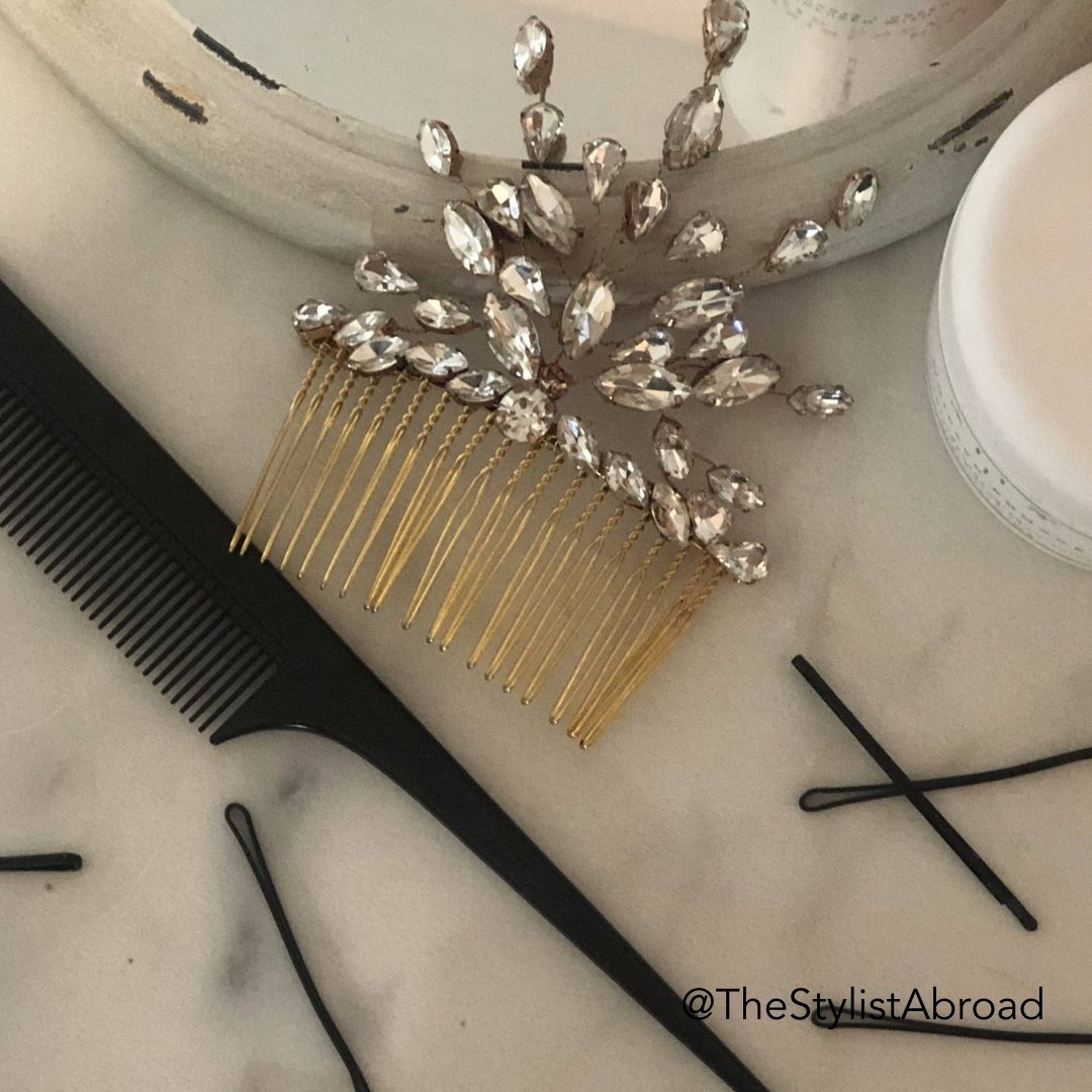 Special Occasion Hair Comp and Hairstyling Tools for Updos including bobby pins and a mirror