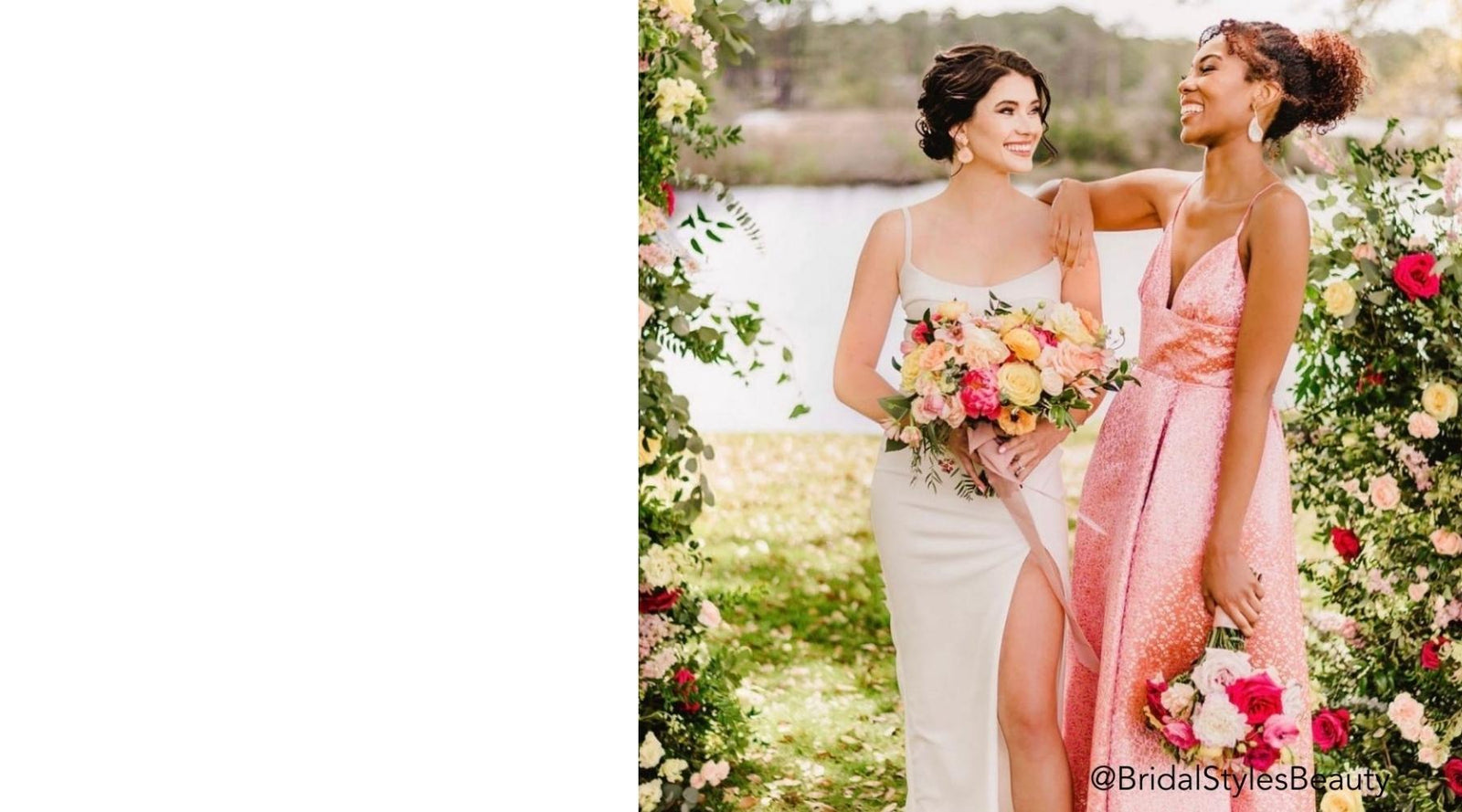 Bride and Bridesmaid surrounded by roses wearing their hair in updos wearing Easy Updo Extensions by Kristen with Bridal Styles Beauty