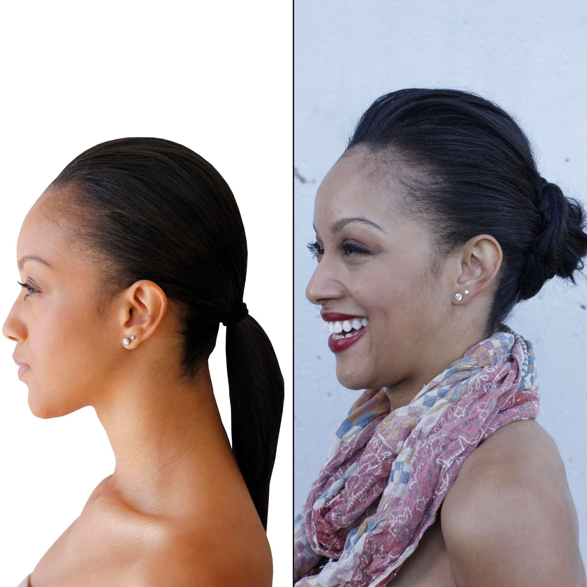 Transformation photo of black woman wearing her hair in a ponytail and wearing Easy Updo extensions also wearing a scarf 