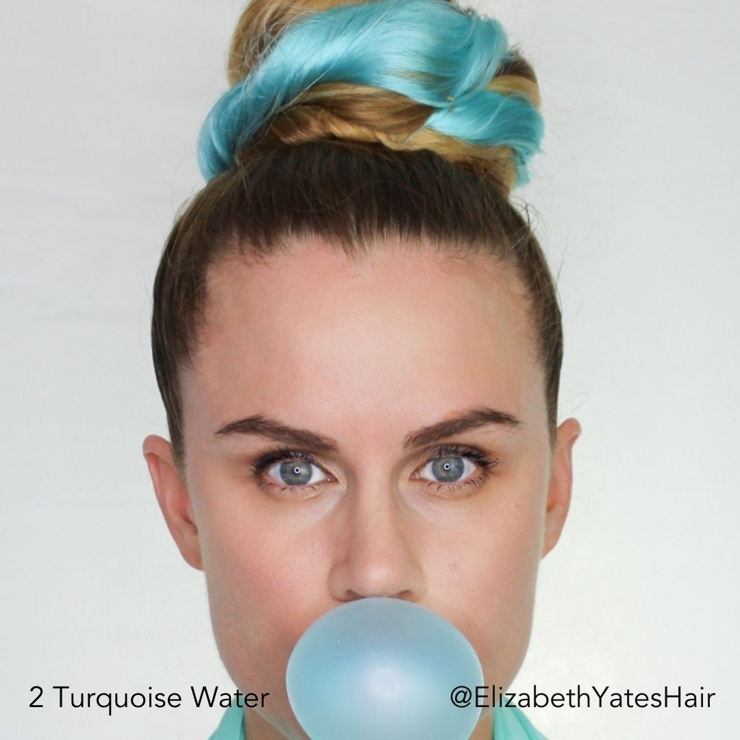 Turquoise Water Blue Hair Topknot Bun Hairstyle @ElizabethYatesHair Easy Updo Extensions Bubblegum