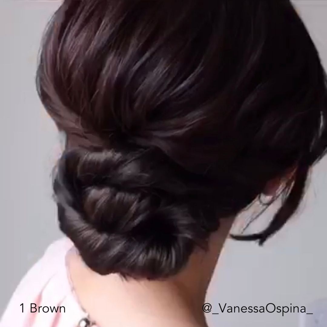 Easy Updo Hair Extensions in Brown worn by woman in pink dress wearing a Special Occasion fancy bridal updo Bun Hairstyle @_VanessaOspina_ 