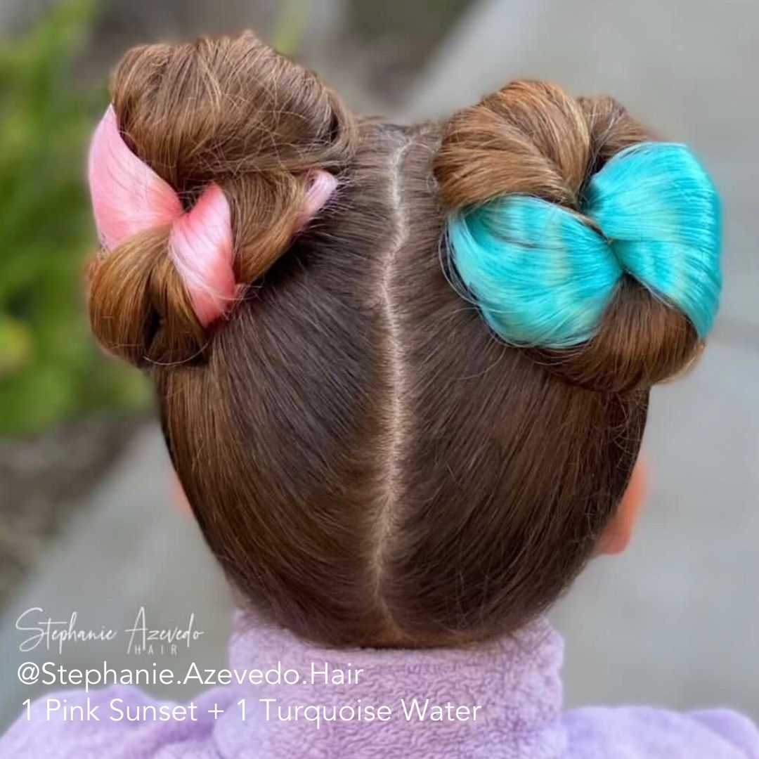 Space Buns in Pink and Turquoise on a girl using Hair Easy Updo Extensions for Double Buns 