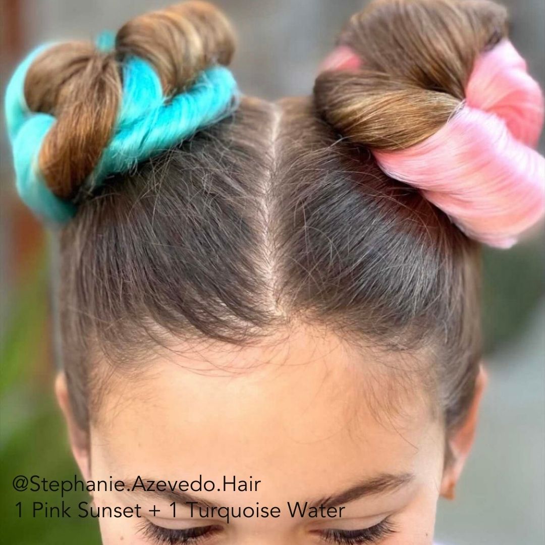 Space Buns in Pink and Turquoise on a girl using Hair Easy Updo Extensions for Double Buns 