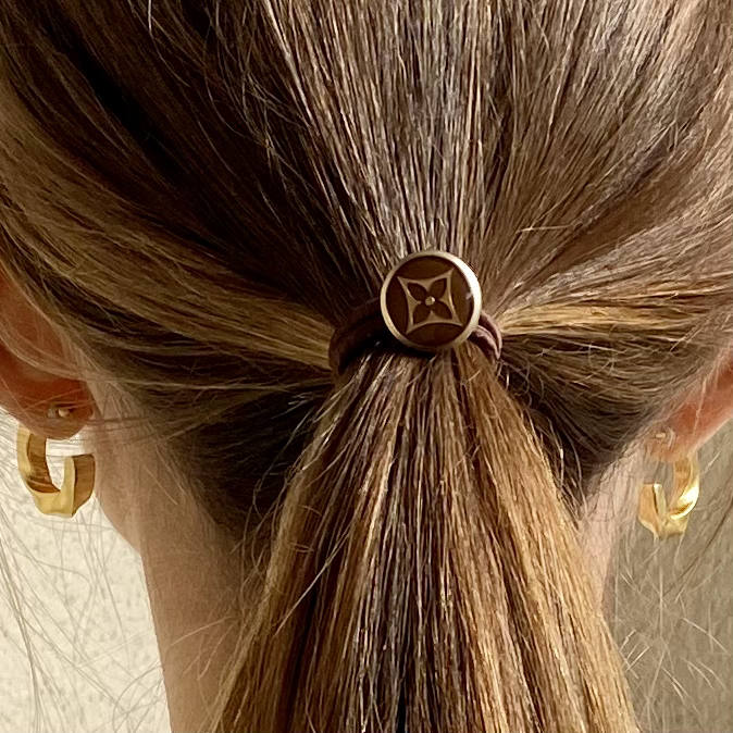 Repurposed Designer Hair Tie Elastic on a brown ponytail