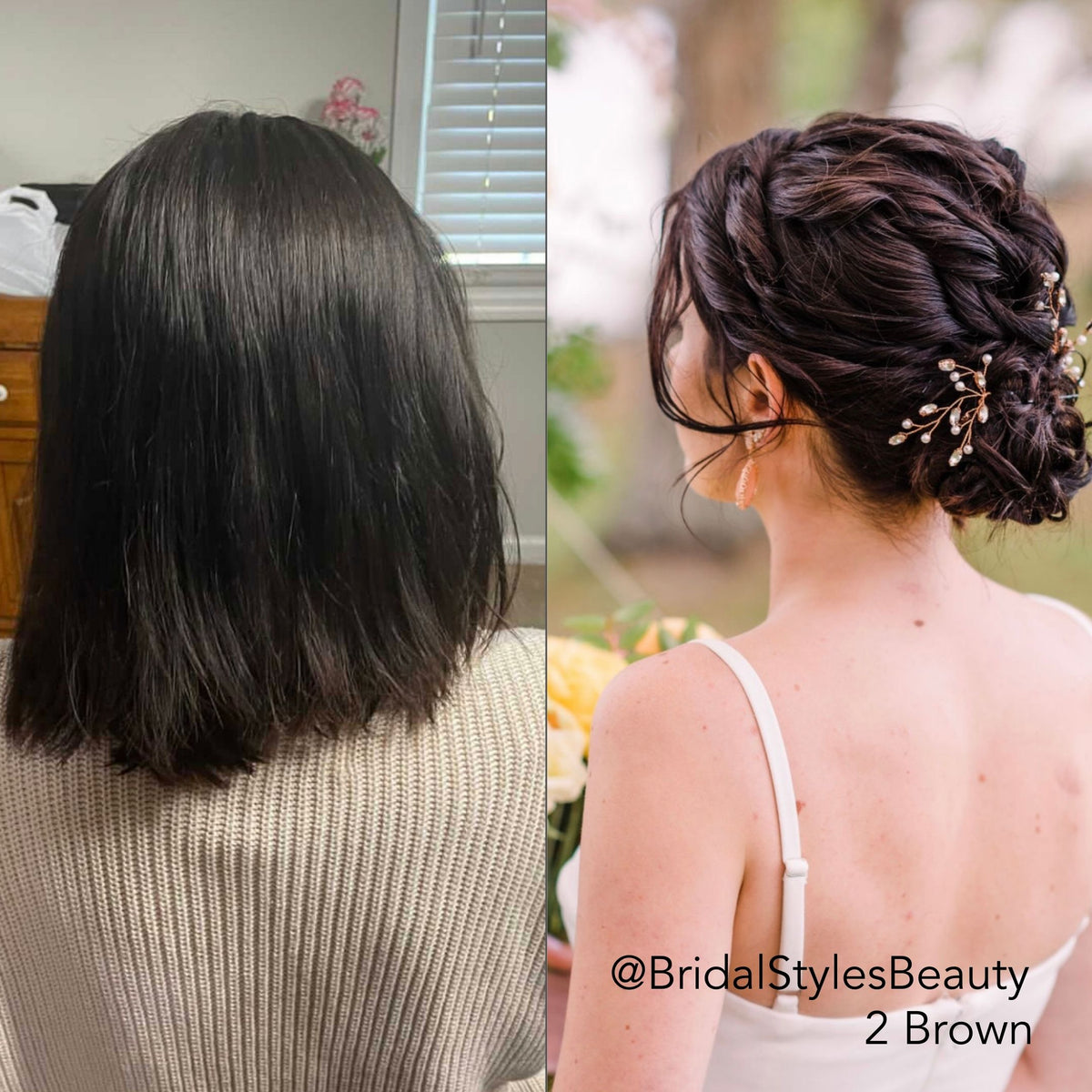 Brown Short Hair Easy UPdo showing Before and After transformation photos using Easy Updo Extensions