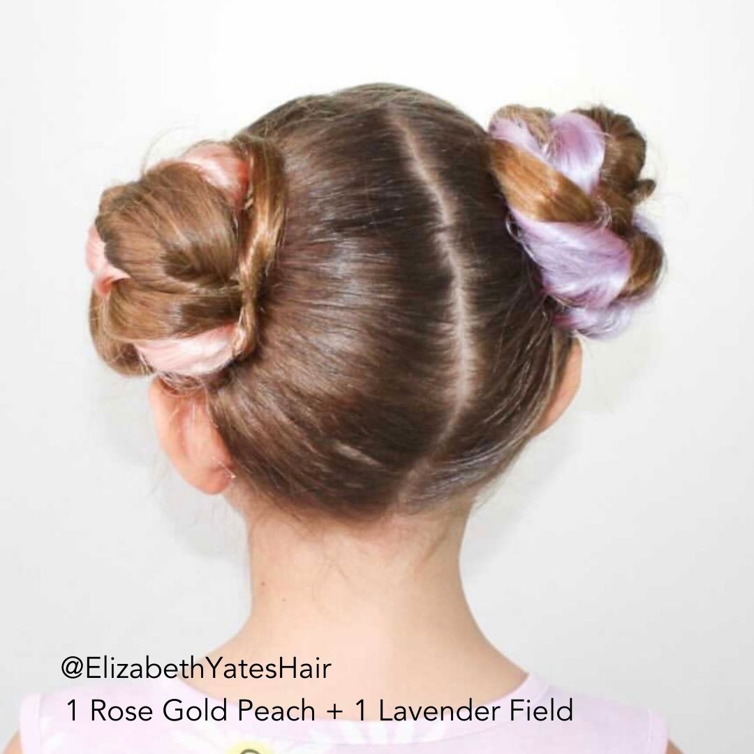 Space Buns in Rose Gold Peach Pink and Lavender Purple back view on a girl using Hair Easy Updo Extensions for Double Buns by ElizabethYatesHair