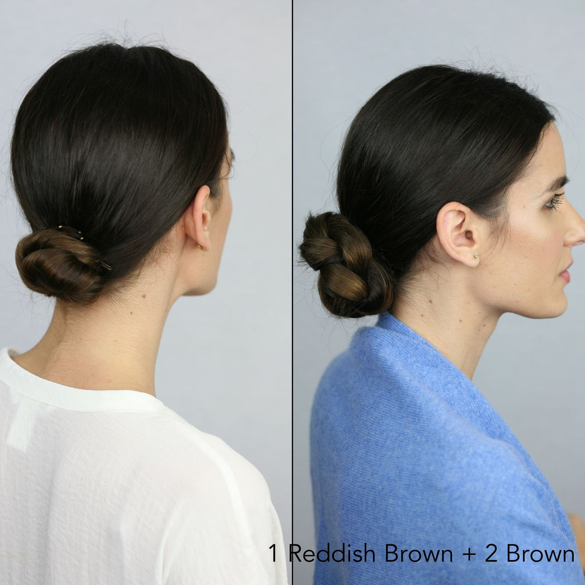 Trransformation before after photo on woman in blue pashmina and braided bun using Easy Updo Extensions for more volume in her hair