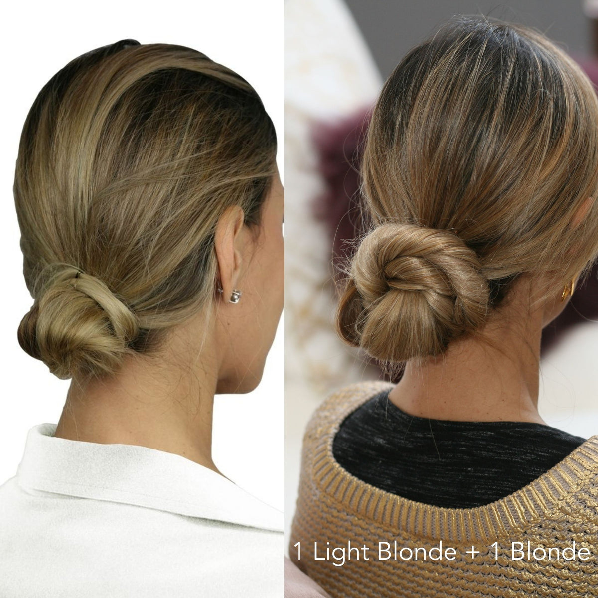 Transformational photo showing Before After from Fine and Thinning Hair Bun to a Bigger and Beautiful Updo with woman in a Gold sweater
