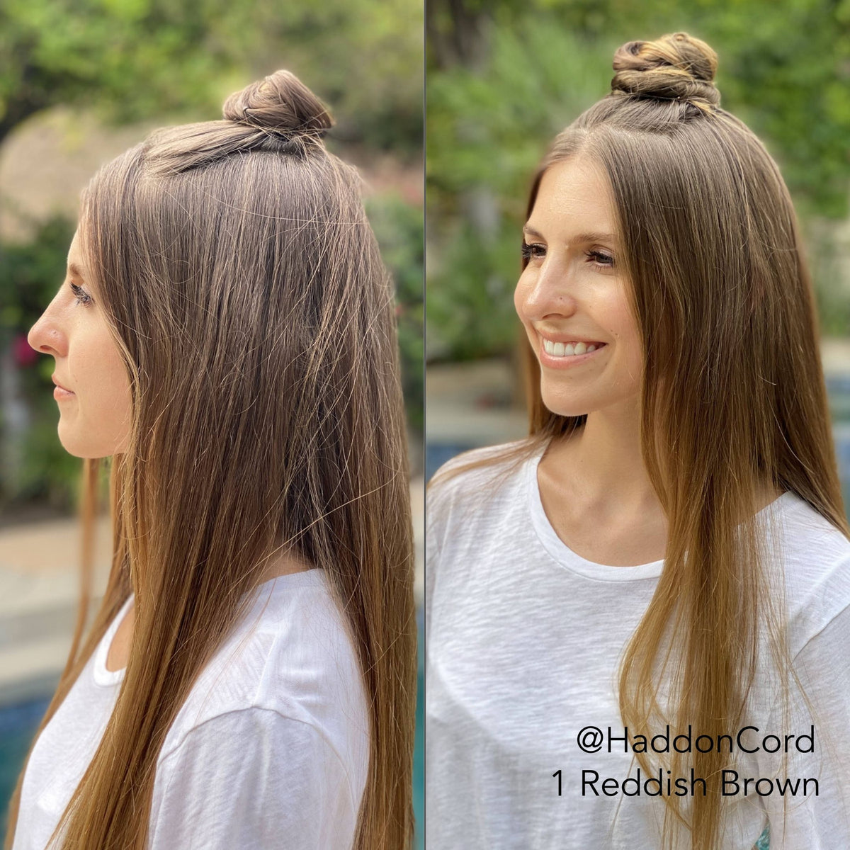 Transformational photo showing Before After Hairstyle from Fine Hair to a Bigger Half UP, Half Down Topknot Bun on a woman with long brown hair in a white shirt