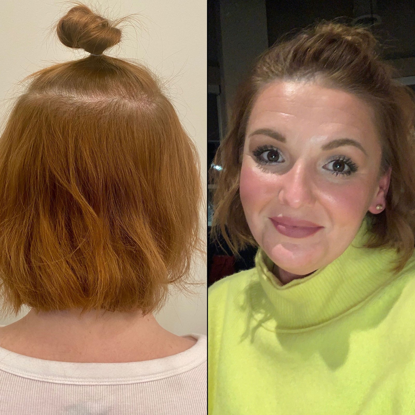 Easy Updo extensions in golden red showing Before and After on woman in green sweater
