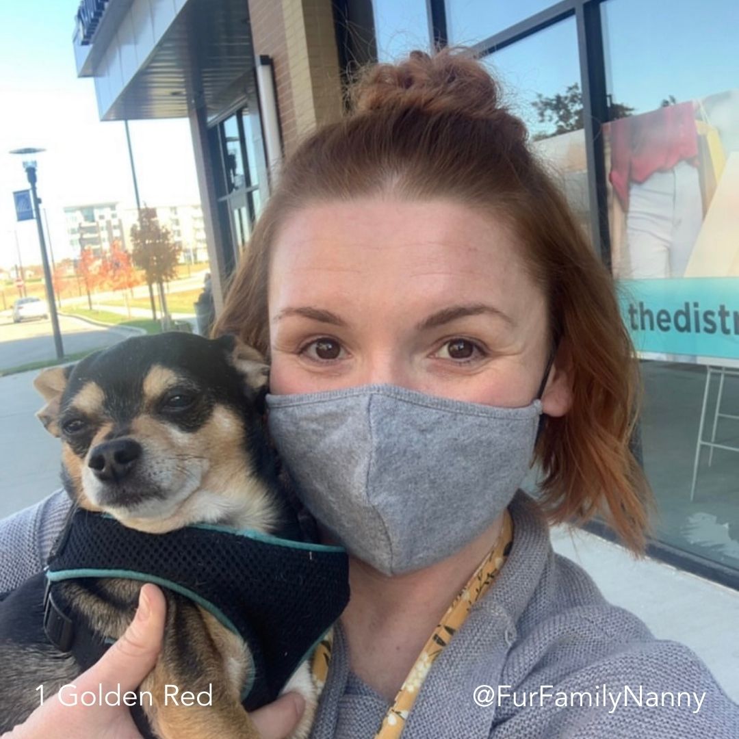 Easy Updo extensions in golden red showing Before and After on woman in green sweater