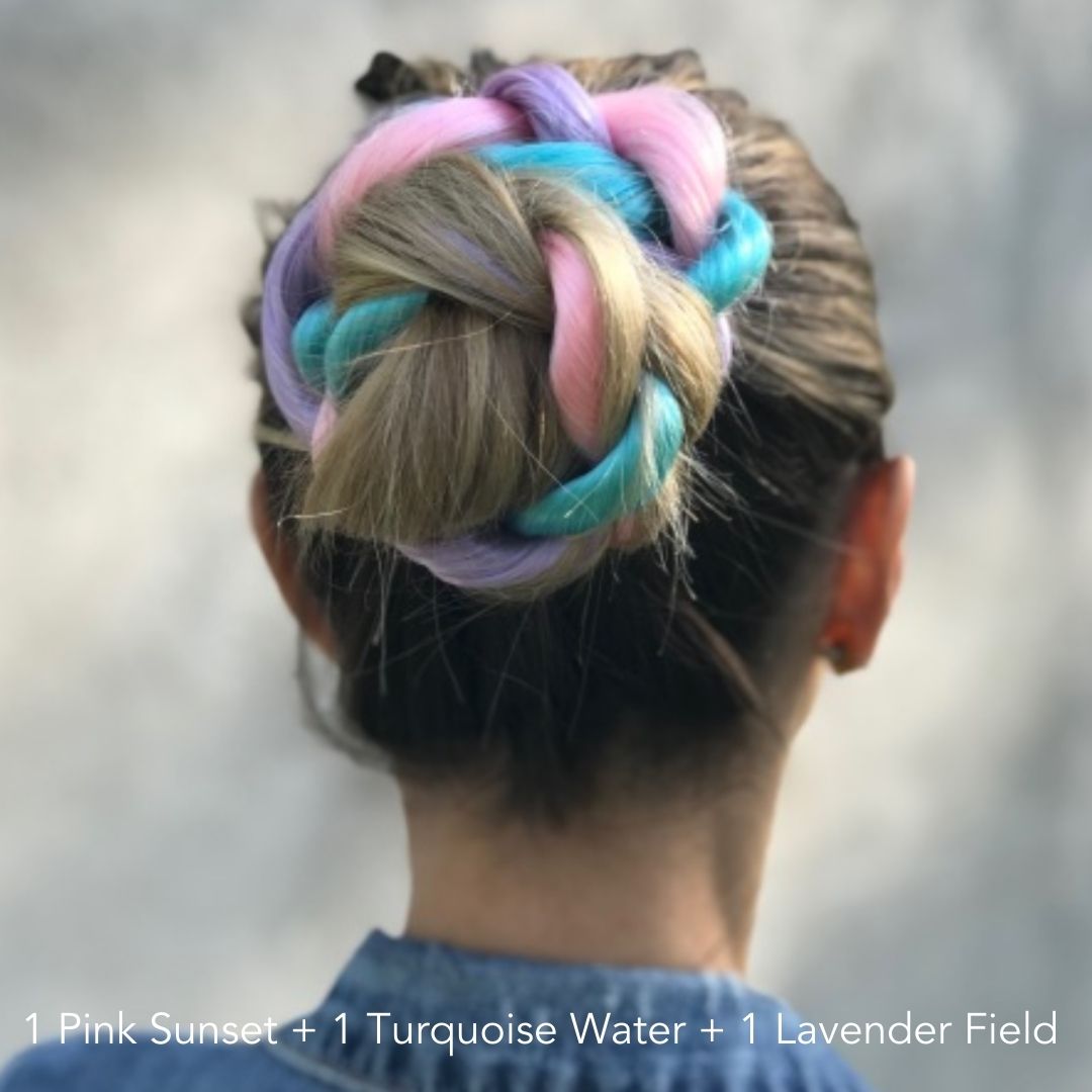 Vibrant Color Blonde Braided Bun Hairstyle Mermaid Unicorn Pink Turquoise and Lavender Braided Bun Easy Updo Extensions